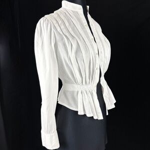 True Victorian Antique Shirt Waist Blouse White XS High Neck Long Sleeves Tucks